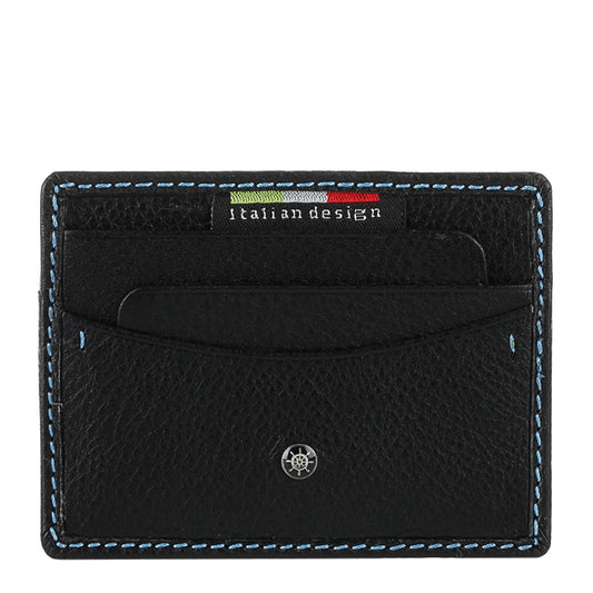 Tony Perotti Timone 11043 nero — the front of the black leather card holder: card slots along the top, a scooped slip pocket and the metal ship’s-wheel plate