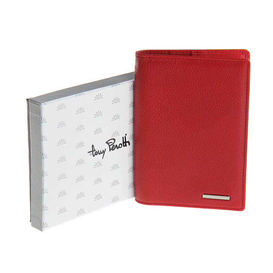 Red leather passport cover Tony Perotti New Contatto 3550 rosso next to its branded gift box