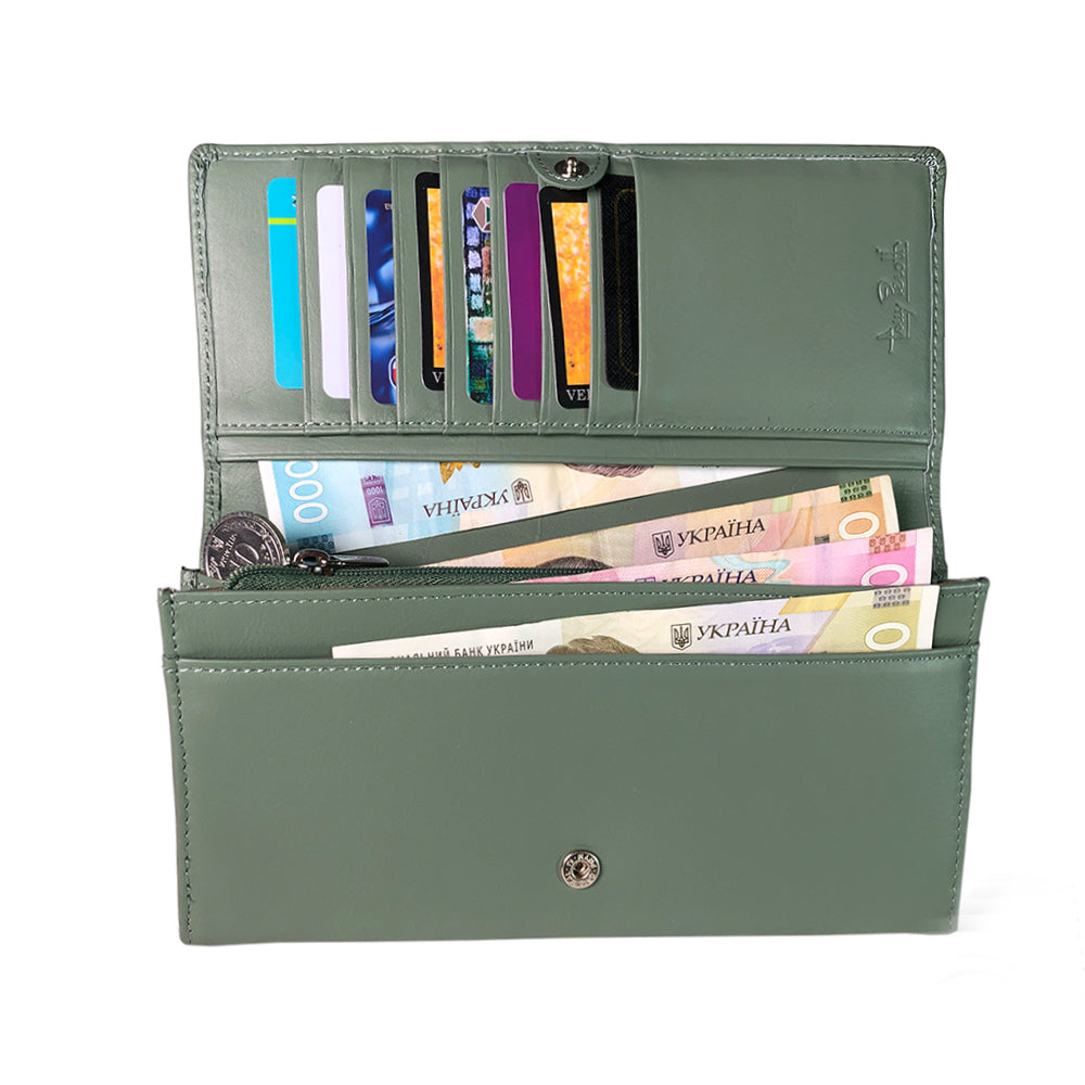 Sage green New Rainbow 3435 wallet open with card slots and document pockets 