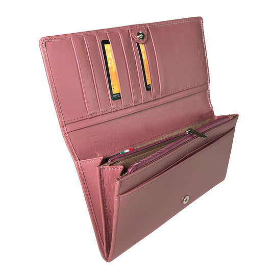 Powder pink New Rainbow flap wallet at an angle showing snap closure