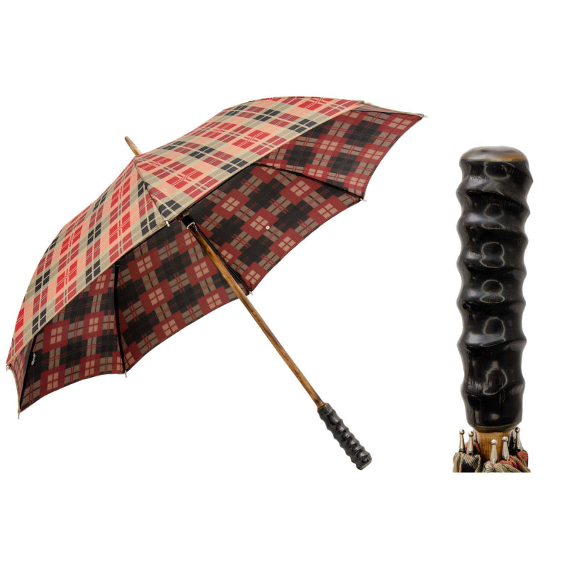 Pasotti men's red tartan umbrella with oryx horn handle, open, with a close-up of the handle — 142 Celtic-5 ORI