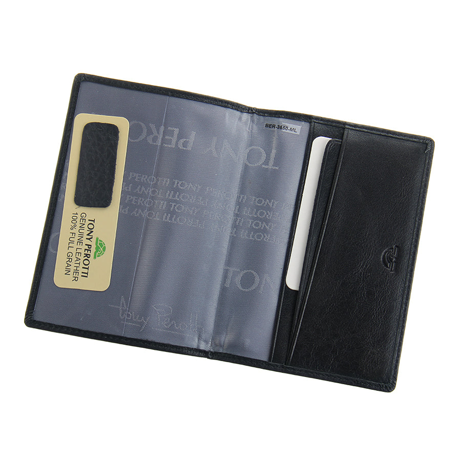 Black passport cover Tony Perotti New Contatto 3550 nero opened flat — large transparent pocket on the left, three card compartments on the right