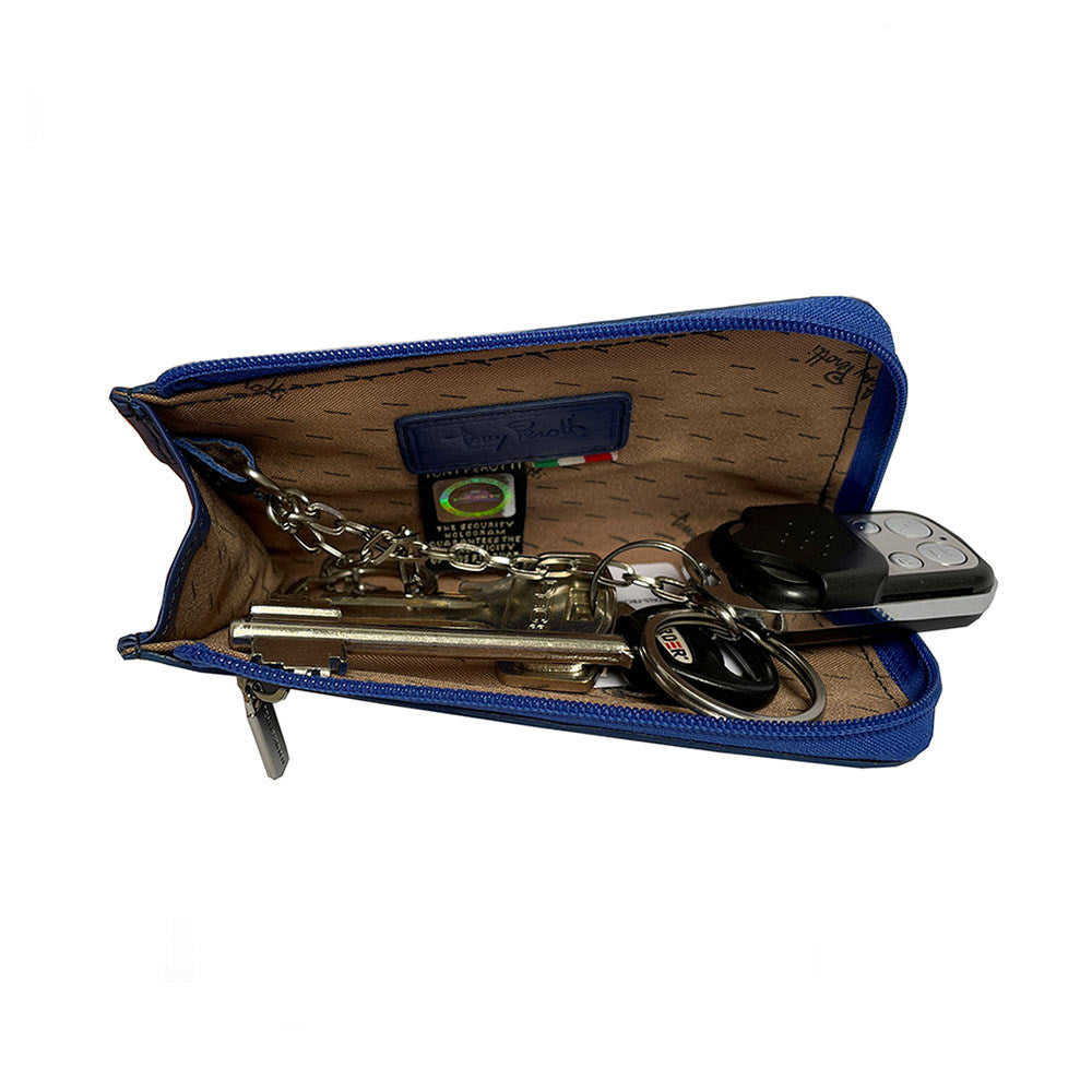 Tony Perotti Swarovski 1941L labelia — the case unzipped flat with keys and a car remote inside, showing the signature-print lining