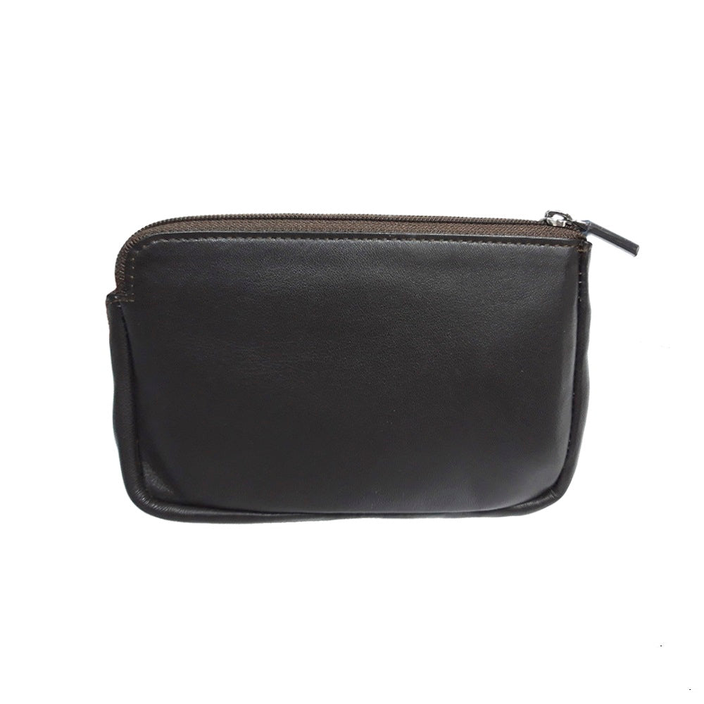 Dark brown leather key pouch, detail of the front zip pockets and compass emblem — Tony Perotti Cortina 5016 moro