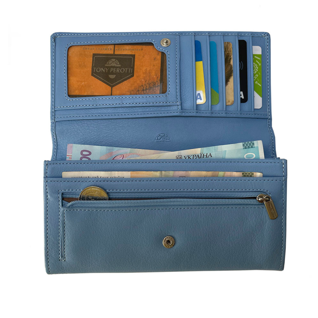 Open Tony Perotti Contatto 2638Z baby wallet with 14 card slots, ID window and zip coin pocket