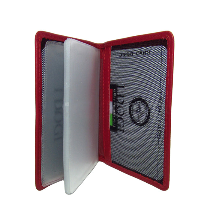 Tony Perotti Cortina 5004 rosso — opened flat, showing the clear sleeves and the woven lining with a sample card