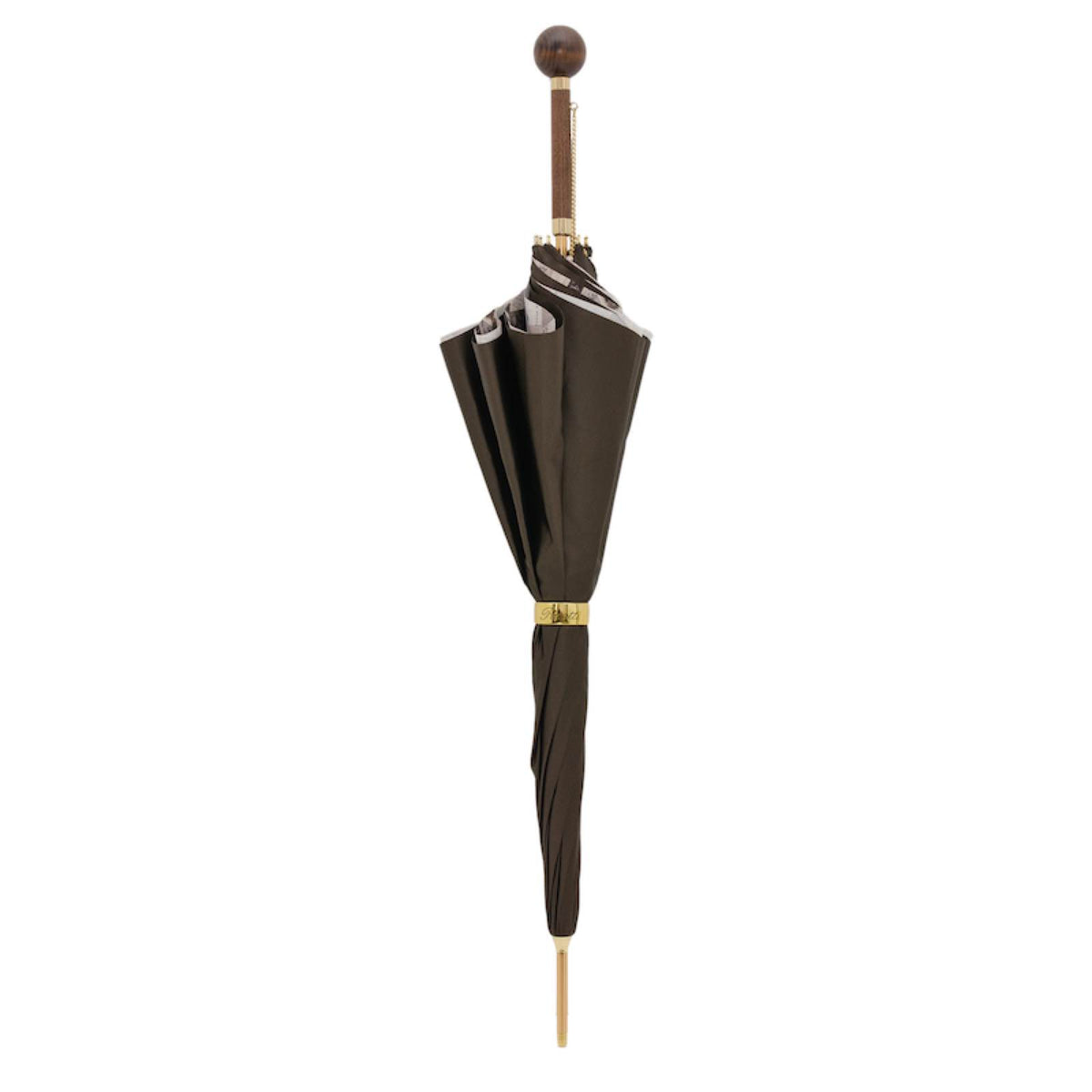 Closed brown umbrella standing upright with the wooden ball handle and gold-tone ring