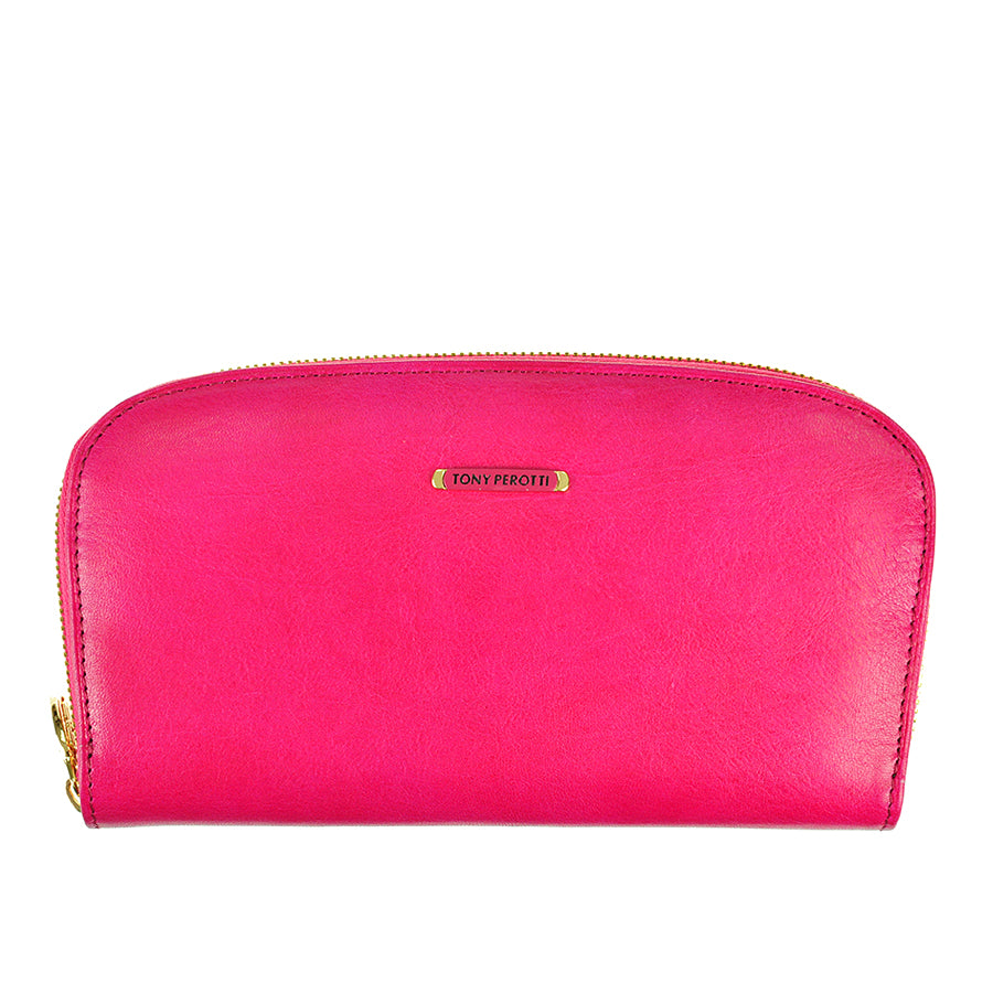Tony Perotti Topkapi 3424 geranio raspberry pink zip-around wallet with gold logo plate — handcrafted in Italy