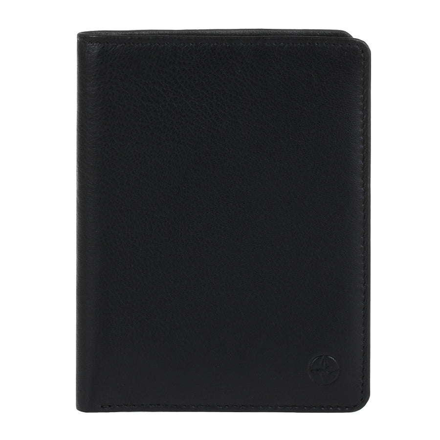 Black Tony Perotti Cortina 5050 vertical bifold wallet seen straight on, closed, with the embossed compass rose in the lower corner