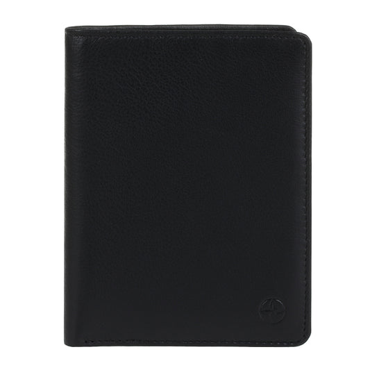 Black Tony Perotti Cortina 5050 vertical bifold wallet seen straight on, closed, with the embossed compass rose in the lower corner