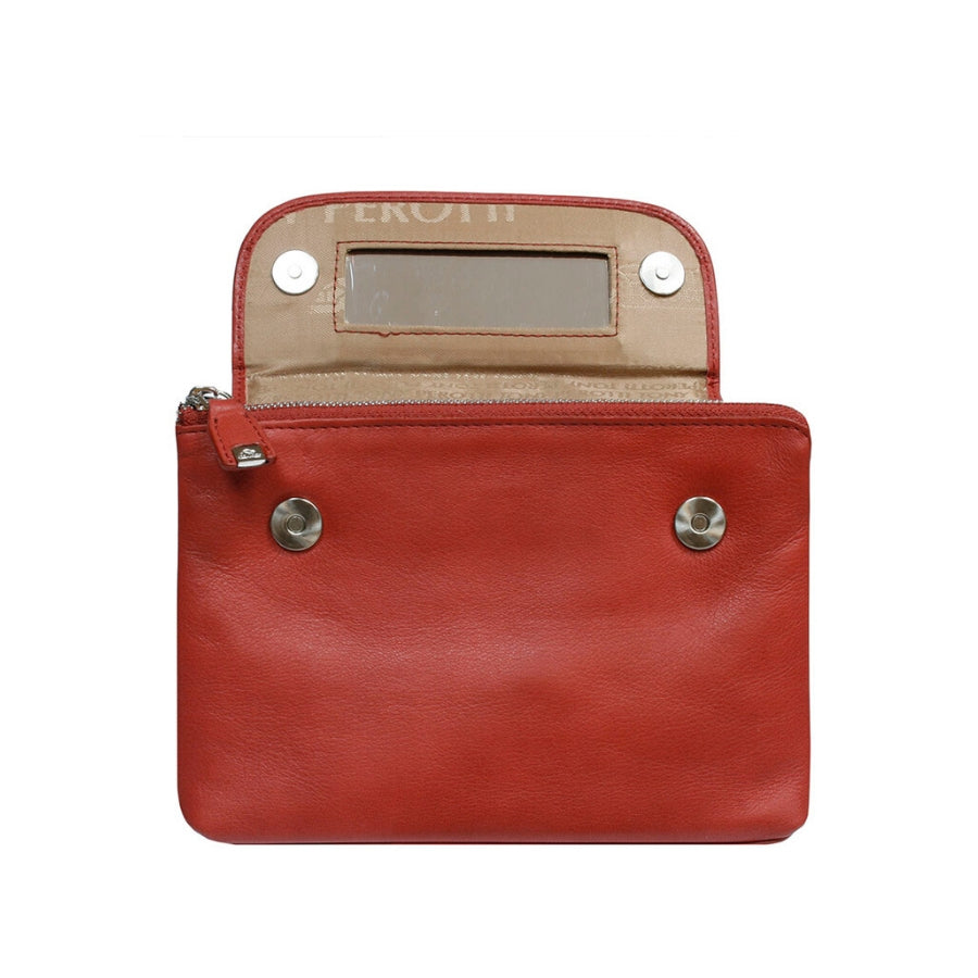Open Tony Perotti Contatto 2027 rosso cosmetic bag showing the built-in mirror