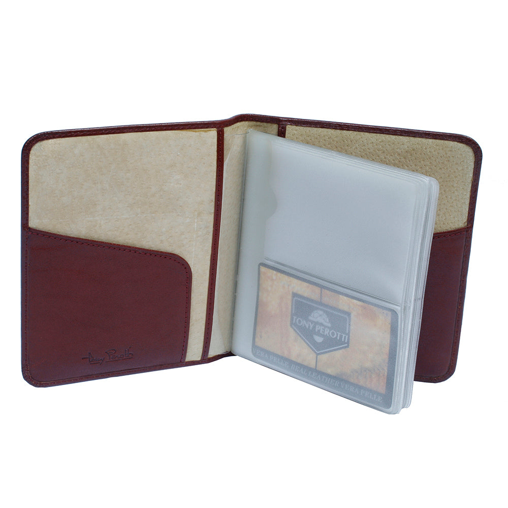Red leather business card holder open with clear sleeves and interior pocket — Tony Perotti Italico 2612 rosso