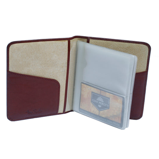 Red leather business card holder open with clear sleeves and interior pocket — Tony Perotti Italico 2612 rosso