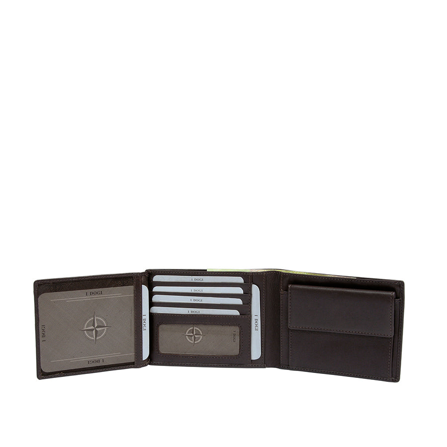 Tony Perotti Cortina 5036 moro with the inner panel raised — further card slots and the mesh ID window with the compass rose