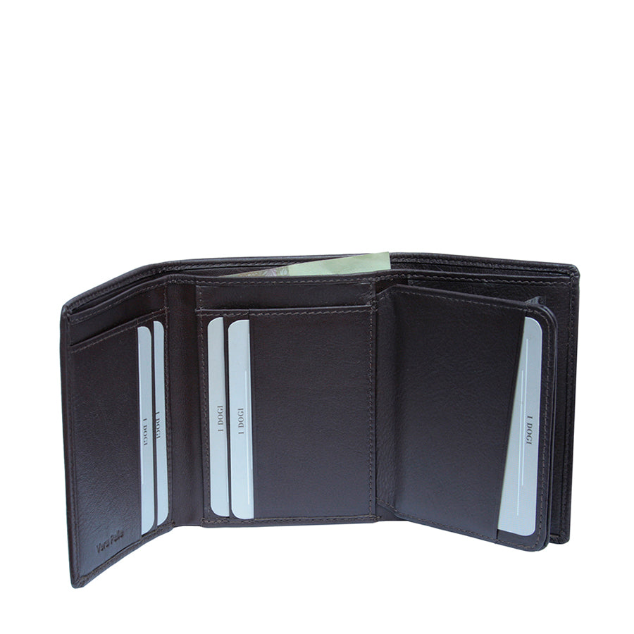 Tony Perotti Cortina 5063 moro opened out — card slots across the panels and a banknote in the compartment behind