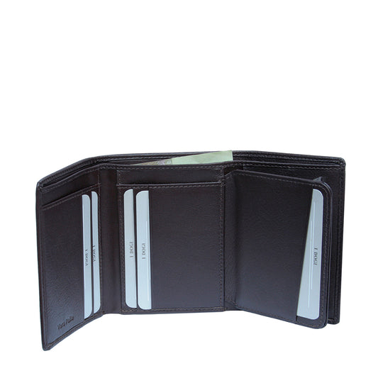 Tony Perotti Cortina 5063 moro opened out — card slots across the panels and a banknote in the compartment behind
