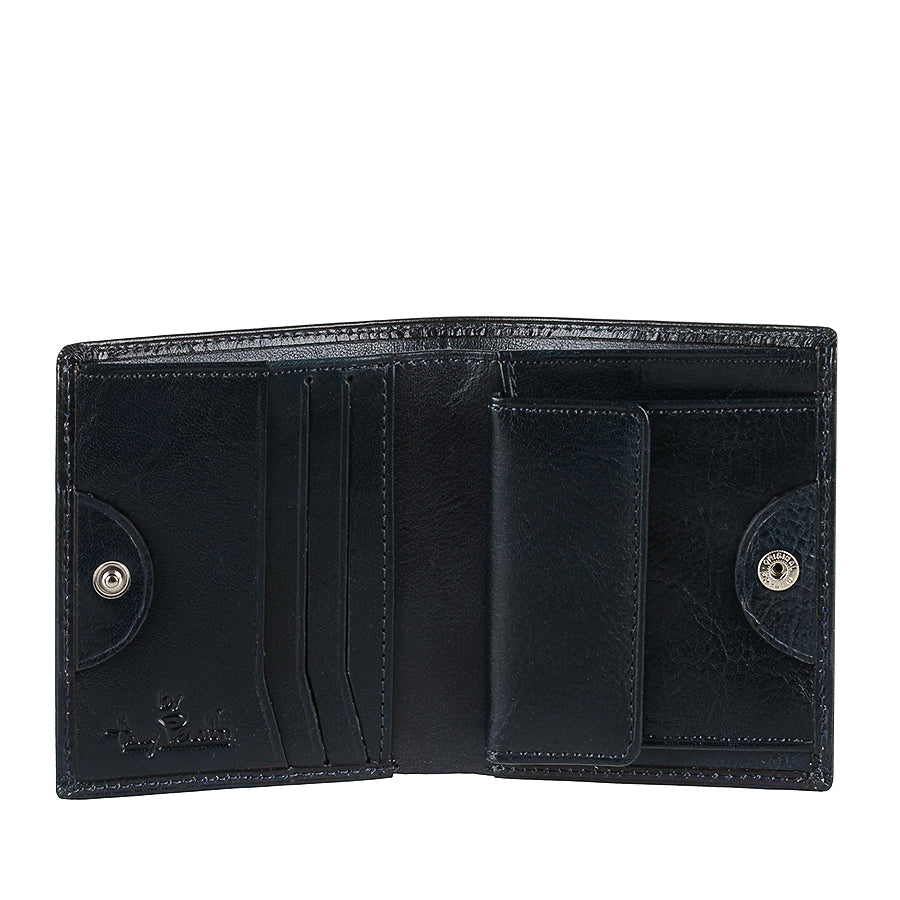 Open Tony Perotti Viasorte 1165 navy wallet with vertical card slots, snap coin pocket flap and snap tabs