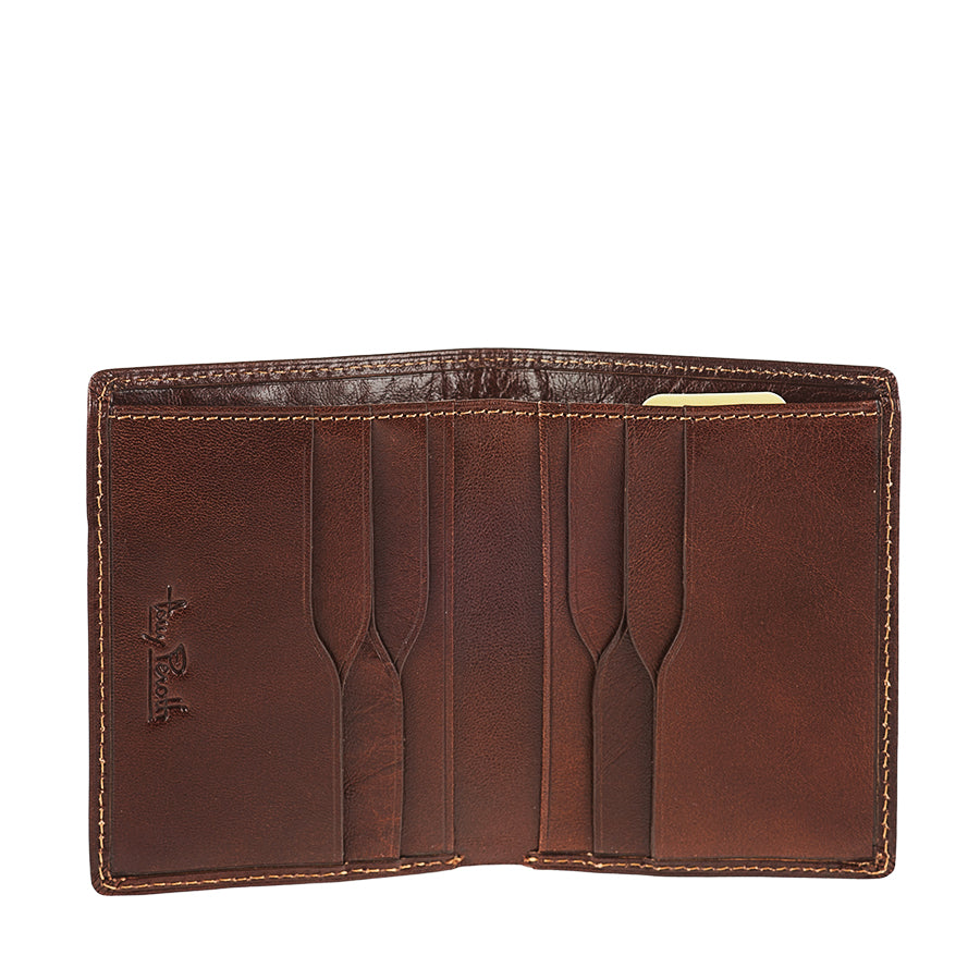 Tony Perotti Nevada 3549 moro dark brown wallet open, stepped vertical card slots and embossed signature