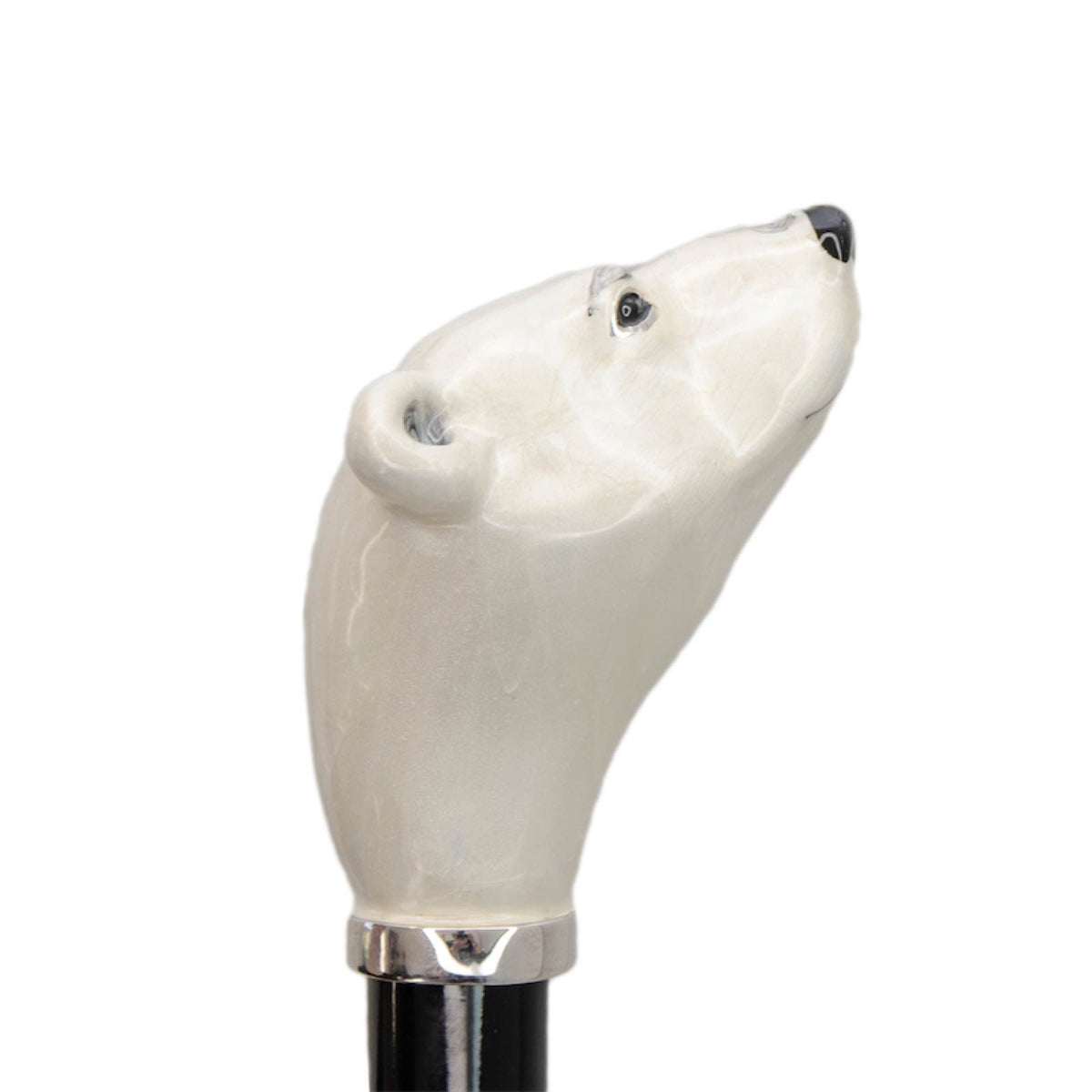 Enameled polar bear head in profile with a black nose, on a silver-tone collar
