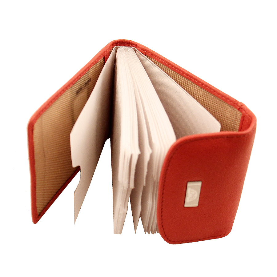 Tony Perotti Contatto 1703 rosso — opened, showing the fan of twelve clear card files