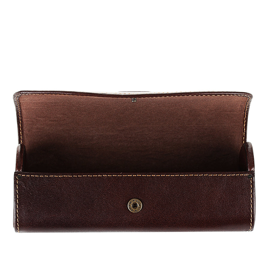 Tony Perotti Italico 1290 moro glasses case opened — one velvet-lined compartment and the brass-tone snap