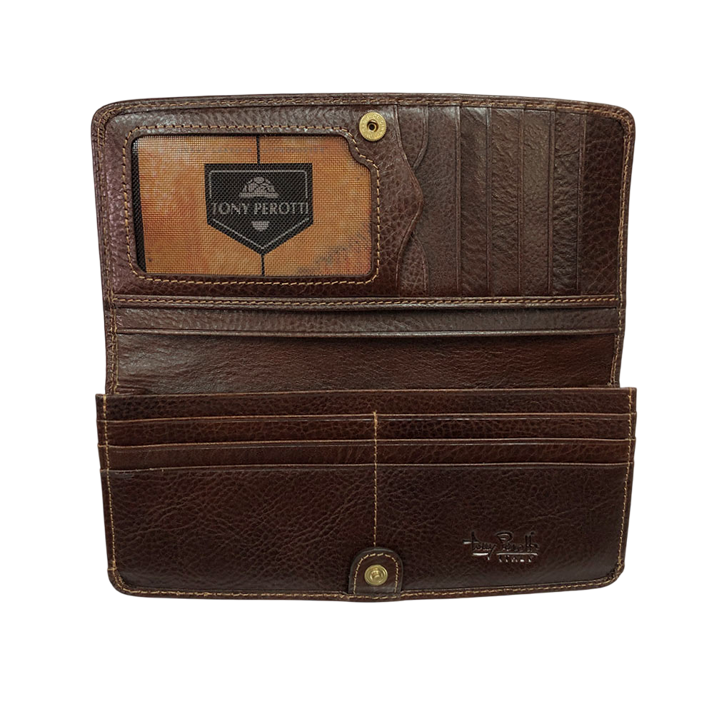 Tony Perotti dark brown wallet open to show coin pocket and branded lining