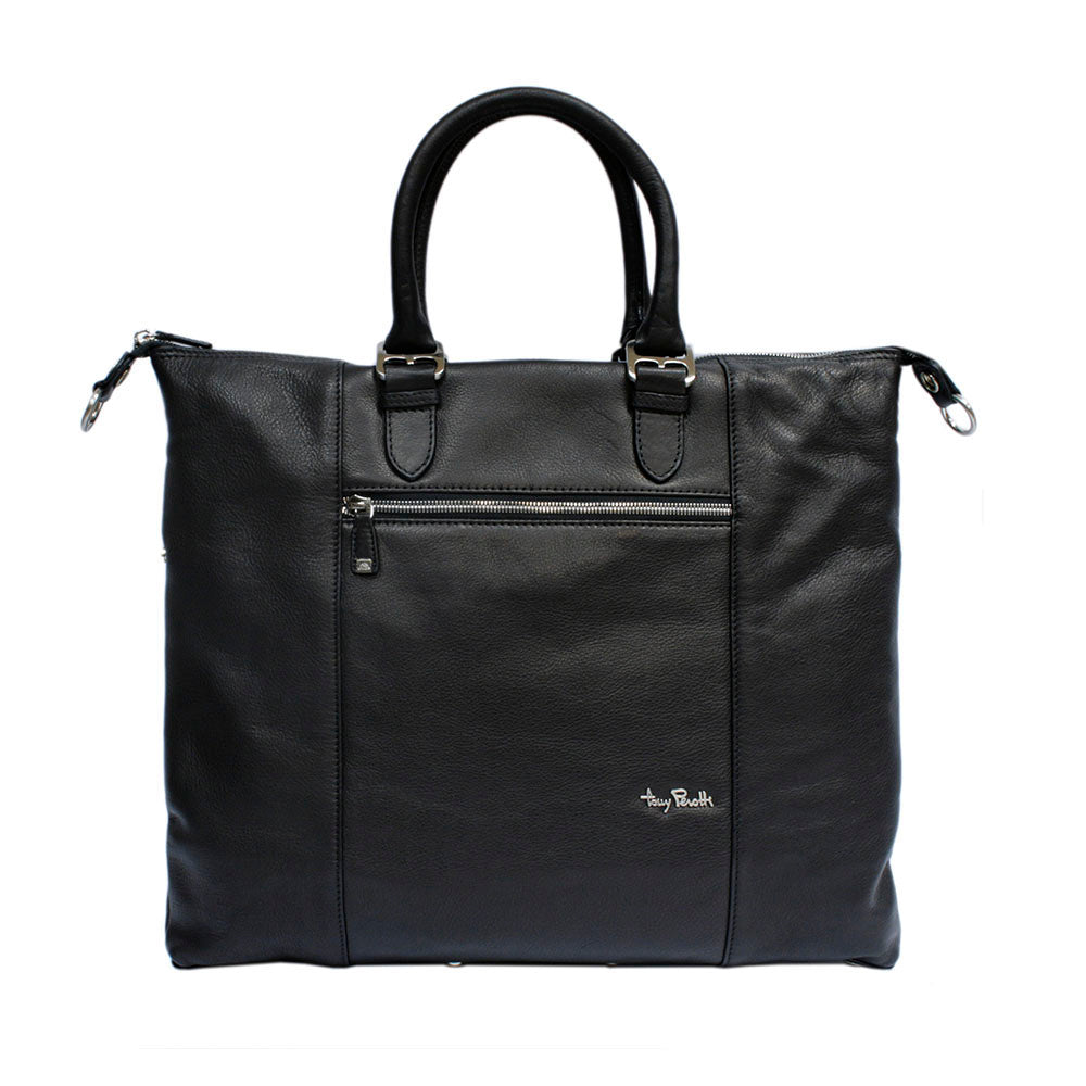 Tony Perotti Contatto 9217-31 nero black leather handbag — back view in the open setting with the full-width zip pocket