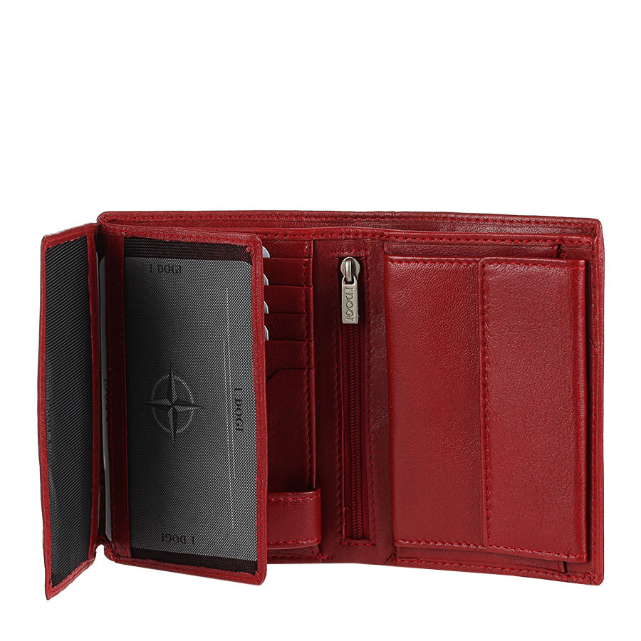 Tony Perotti Cortina 5031 rosso with the inner card panel swung open, showing the branded insert and the slots behind it