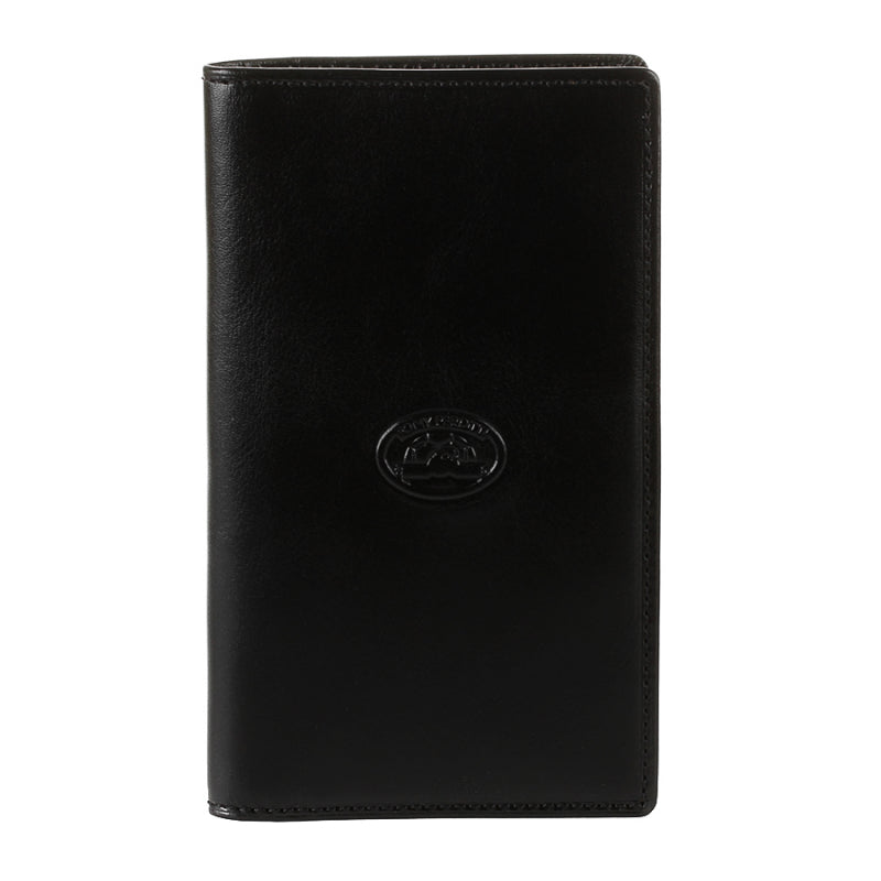 Tony Perotti Italico 1438 nero men's black leather vertical coat wallet — closed front view with the embossed oval Tony Perotti emblem