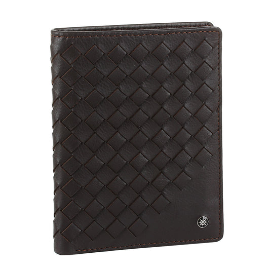 Tony Perotti Timone intrecciato 12050 moro dark brown woven leather vertical wallet, three-quarter view
