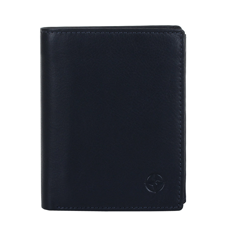 Navy Tony Perotti Cortina 5054 vertical bifold wallet seen straight on, closed, with the embossed compass rose in the lower corner