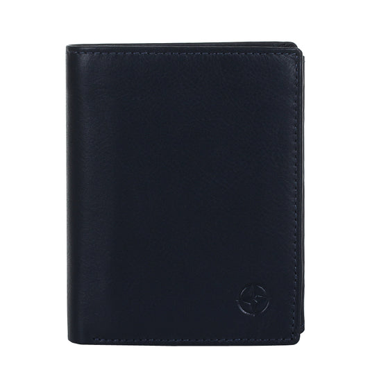 Navy Tony Perotti Cortina 5054 vertical bifold wallet seen straight on, closed, with the embossed compass rose in the lower corner