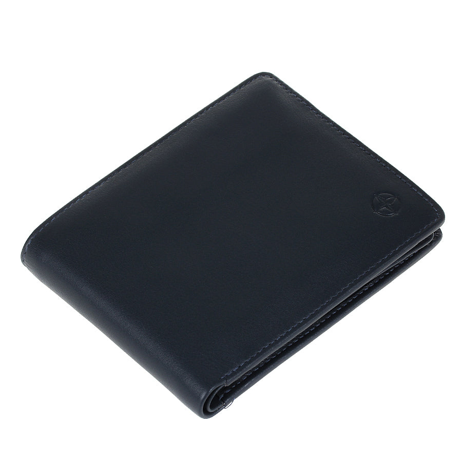 Navy Tony Perotti Cortina 5051 wallet lying closed, seen from above — the fold and the slim profile