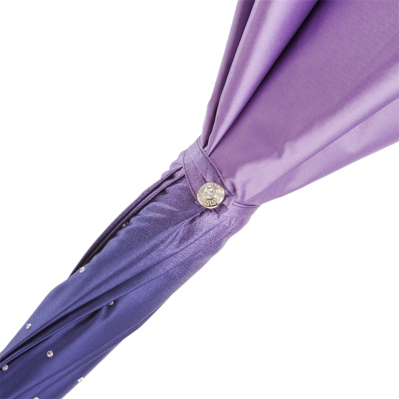 Furled canopy with a lilac fabric strap and silver-tone button