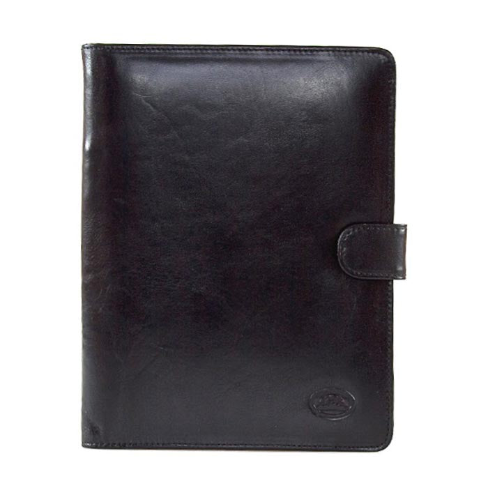 Tony Perotti Italico 2590 black leather portfolio — front with the leather tab closure and the embossed turtle emblem