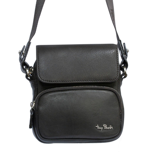 Brown Tony Perotti Contatto 9150-14 small leather crossbody bag seen straight on — snap flap, front zip pocket with the metal Tony Perotti signature, jacquard strap