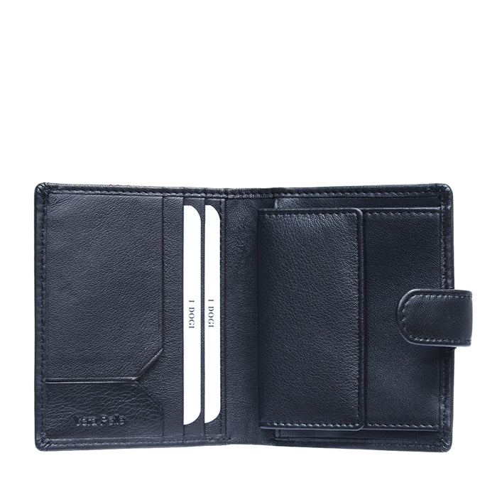 Navy Tony Perotti Cortina 5071 wallet open showing the snap coin pocket