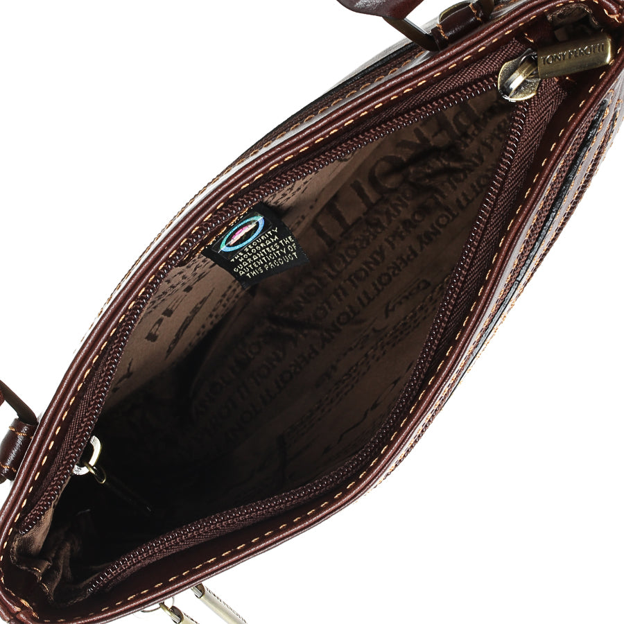 Inside the dark brown Italico 6048 bag — branded Tony Perotti lining, hologram tag of authenticity and inner zip pocket