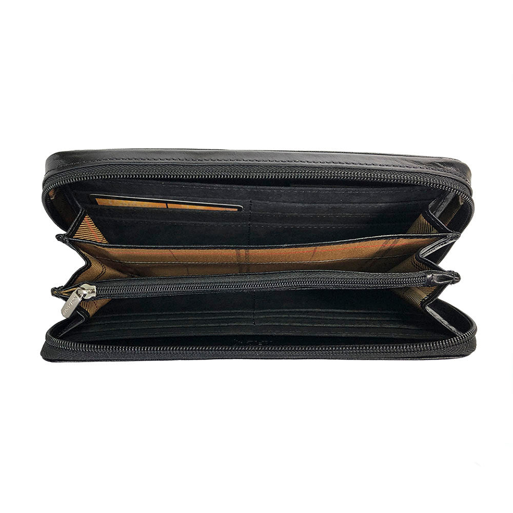 Black Italico 3528-21 opened wide — rows of card slots, bill sections and central zip pocket