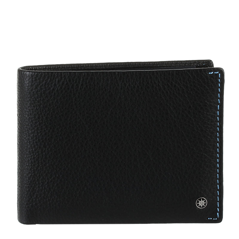 Tony Perotti Timone 11012 black leather bifold wallet, front view with ship's wheel emblem and blue stitching