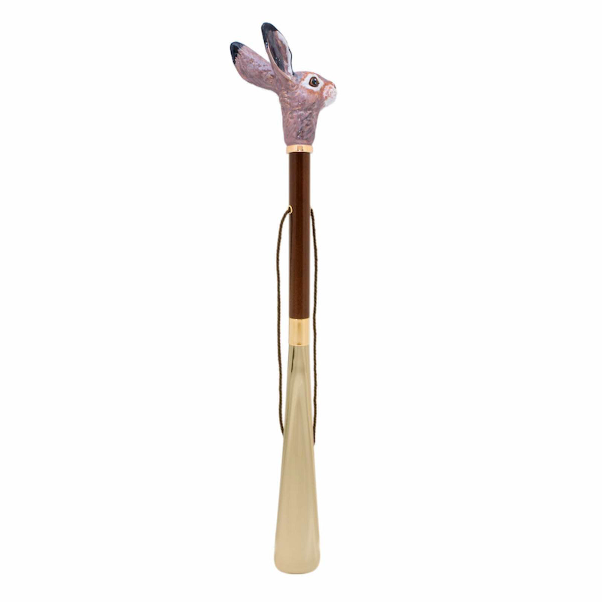 Hare shoehorn standing upright: brown wooden shaft, hanging cord and gold-tone blade