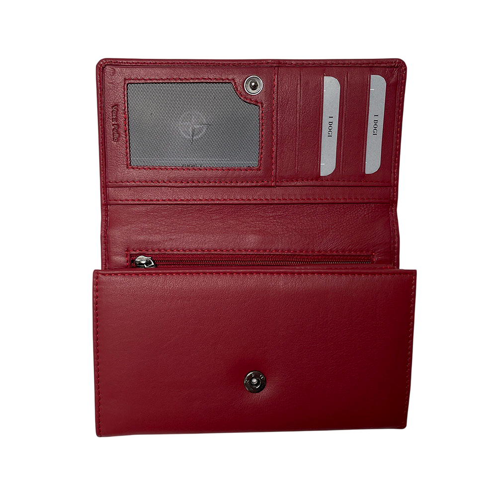 Tony Perotti Cortina 5008 rosso opened — the document window on its press stud, card slots beside it and a zipped pocket below