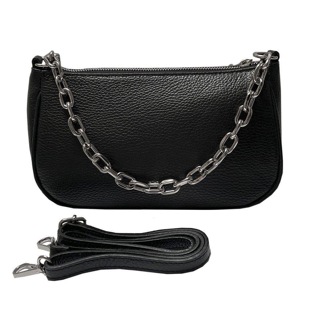 Tony Perotti Borsa CA045-02BK nero black leather handbag on the metal chain, with the long adjustable leather strap laid out below