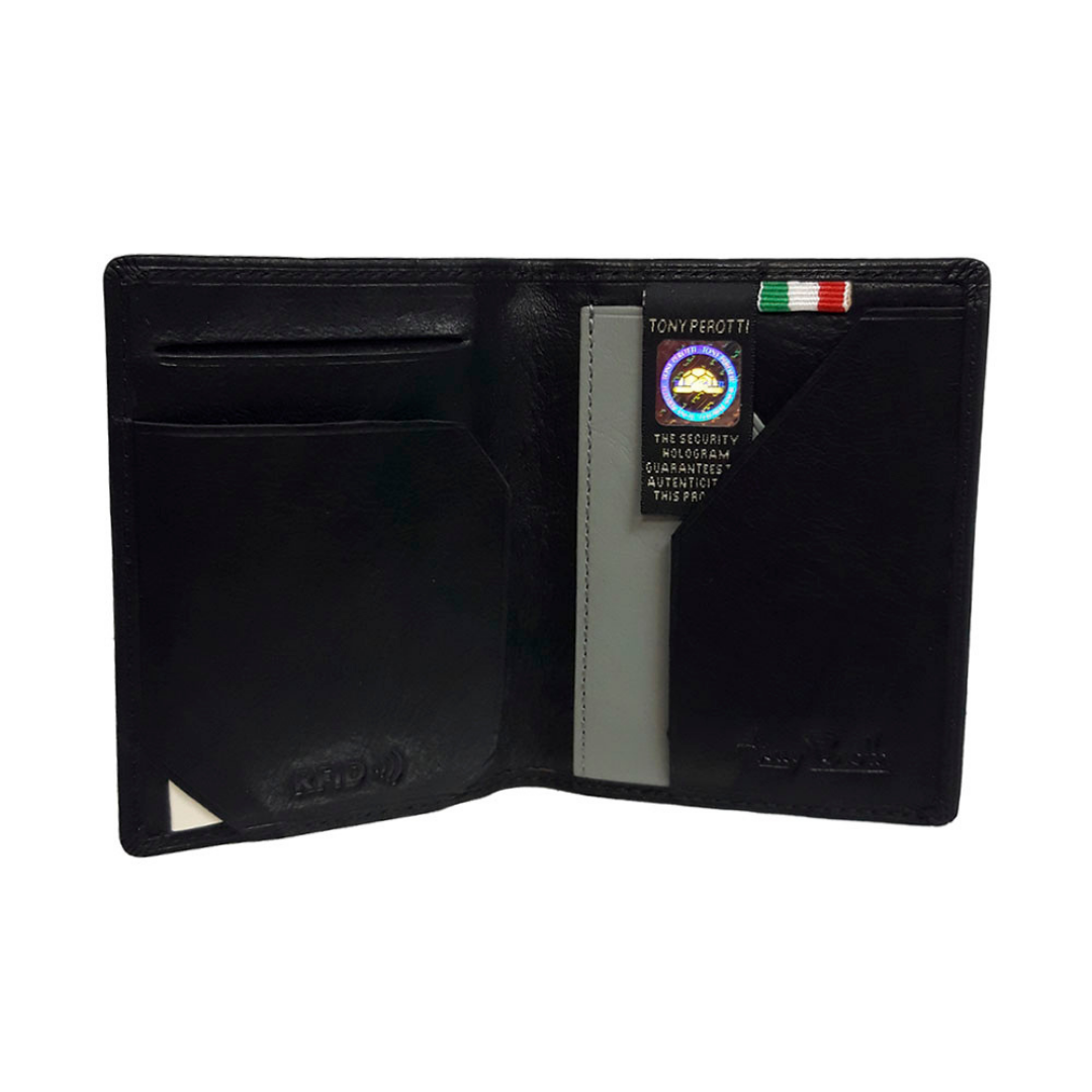 Tony Perotti Nevada 3813 nero — opened out: the pocket on each half, a slim card slot above each, and the Tony Perotti guarantee card tucked in