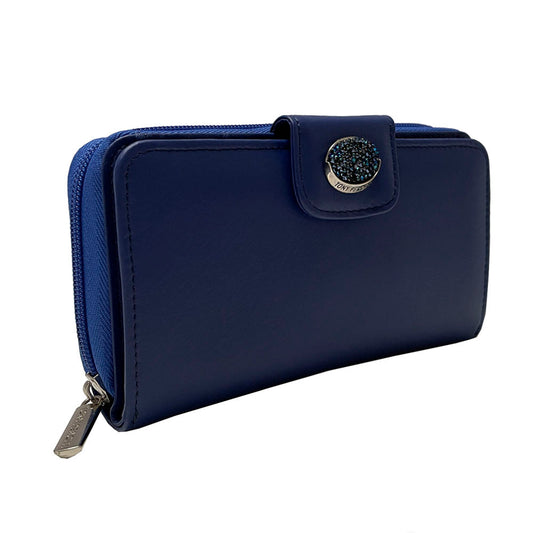 Blue Swarovski 1655A wallet at an angle — blue crystal medallion and engraved zip pull