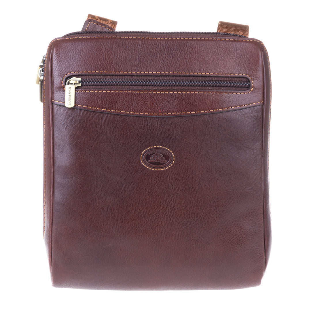 Tony Perotti Italico 9137-20 men's dark brown leather crossbody bag — front view with zip pocket, contrasting stitching and embossed turtle emblem