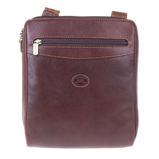 Tony Perotti Italico 9137-20 men's dark brown leather crossbody bag — front view with zip pocket, contrasting stitching and embossed turtle emblem