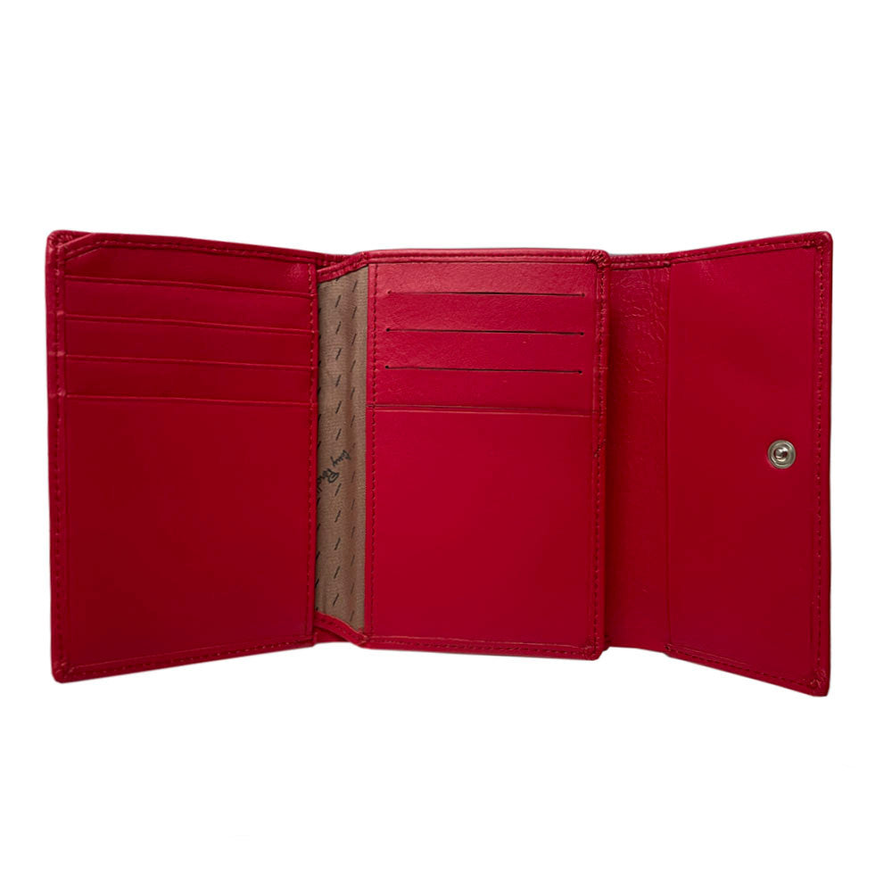 Interior of the red Swarovski 500N wallet with snap coin pocket and bill compartment