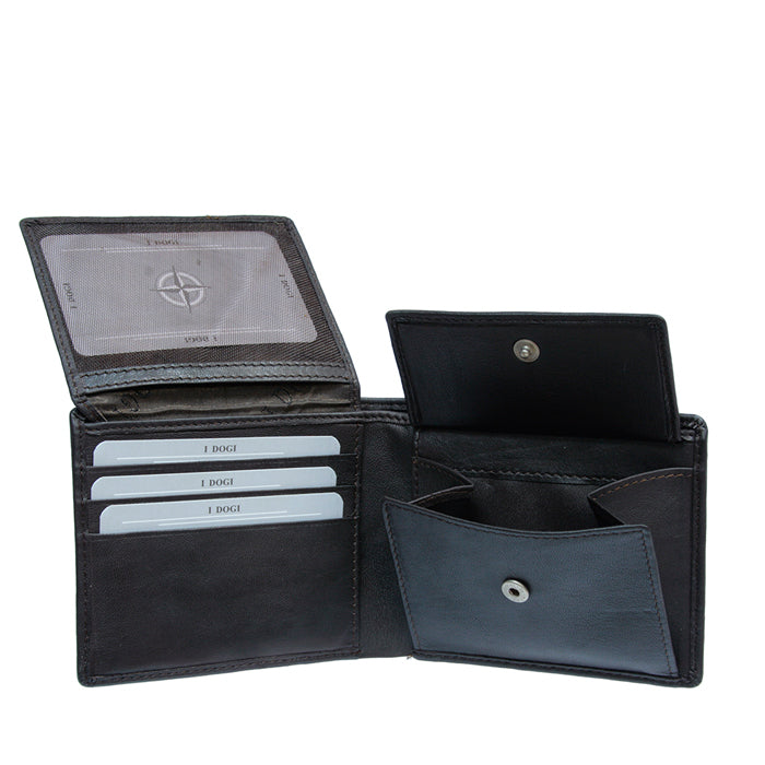 Dark brown leather bifold wallet interior with ID windows, handcrafted in Italy — Tony Perotti Cortina 5078