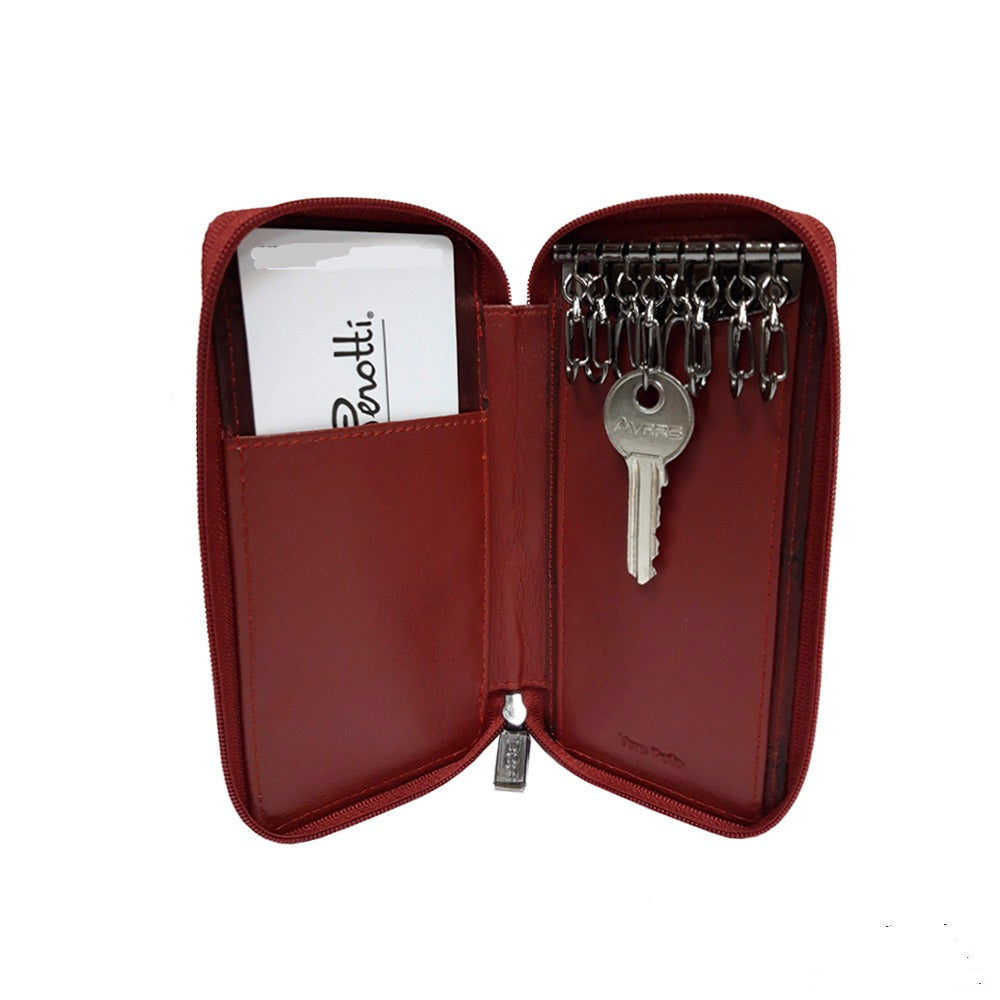 Tony Perotti Cortina 5026 rosso — a key clipped to one of the eight snap hooks, showing how the case is used